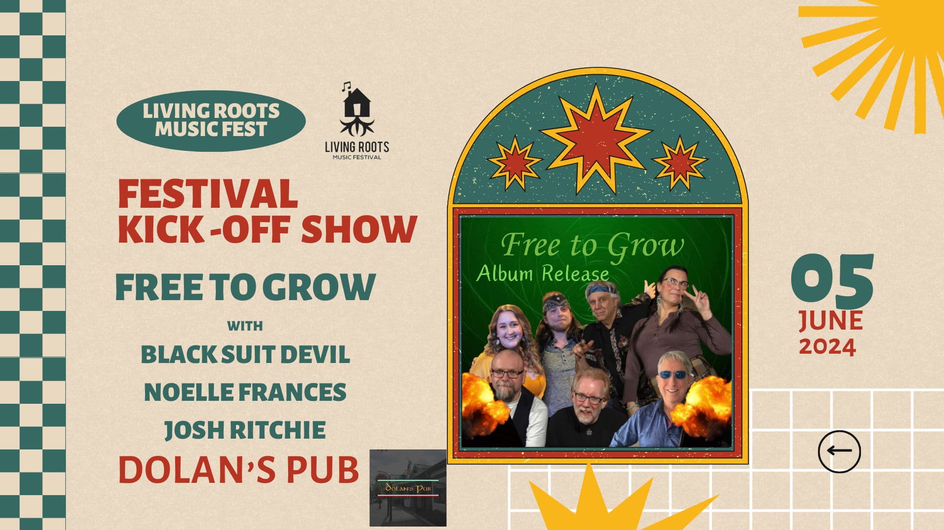 Living Roots Kick-off show with: Free to Grow (Album release)/Black Suit Devil/Noelle Frances/Josh Ritchie